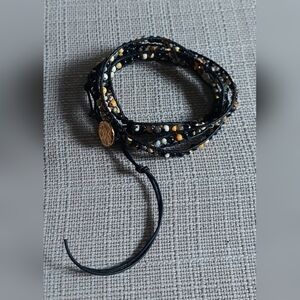 Handmade Black, Orange & Brown Bead And Black Leather Wrap Bracelet